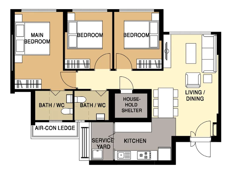 EastGlen @ Canberra floor plan, type 4RB: 4-room, 93 sqm, 1,001 sq ft