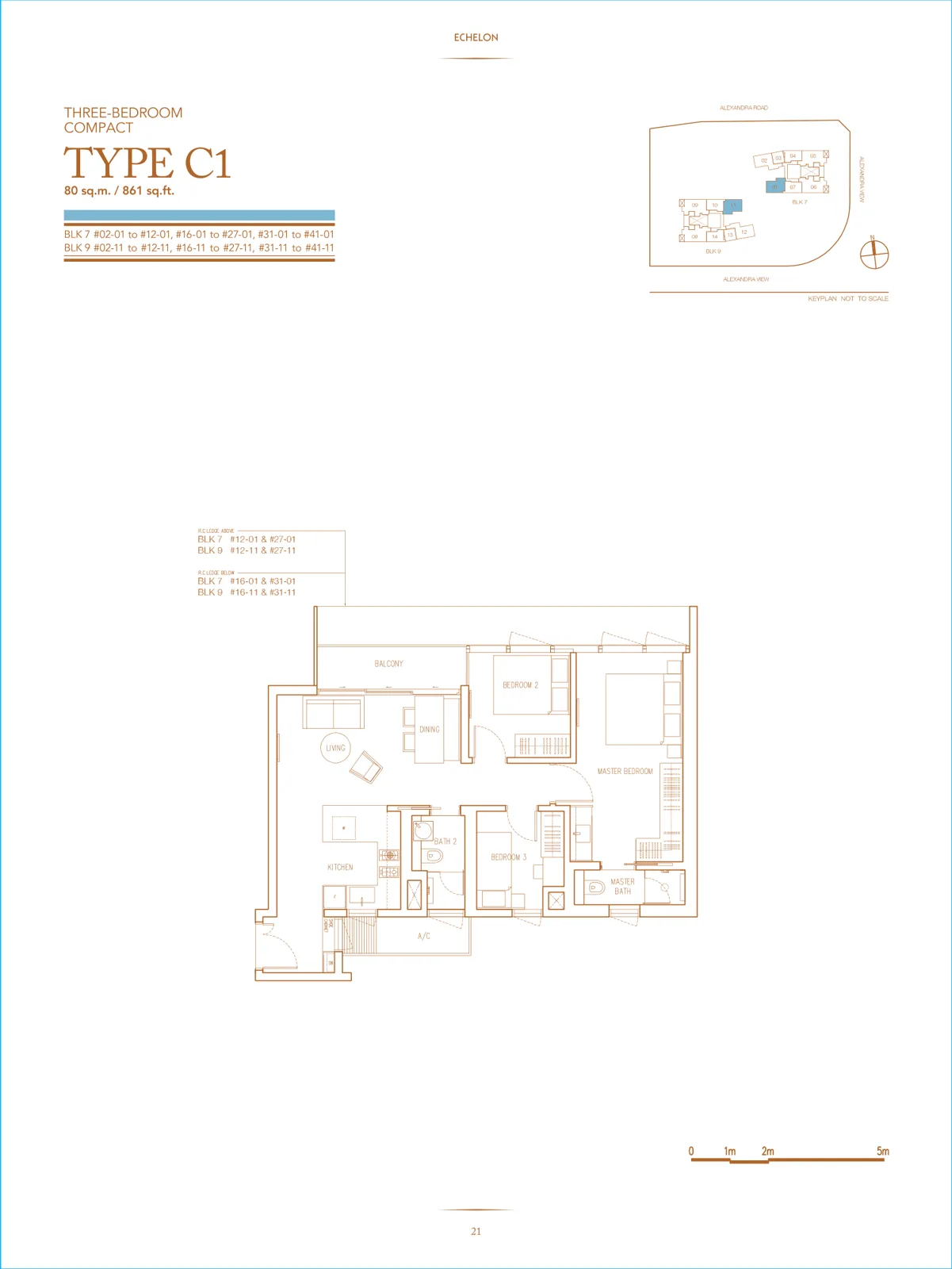 Echelon floor plan, type C1: 3-Bedroom Compact, 861 sq ft