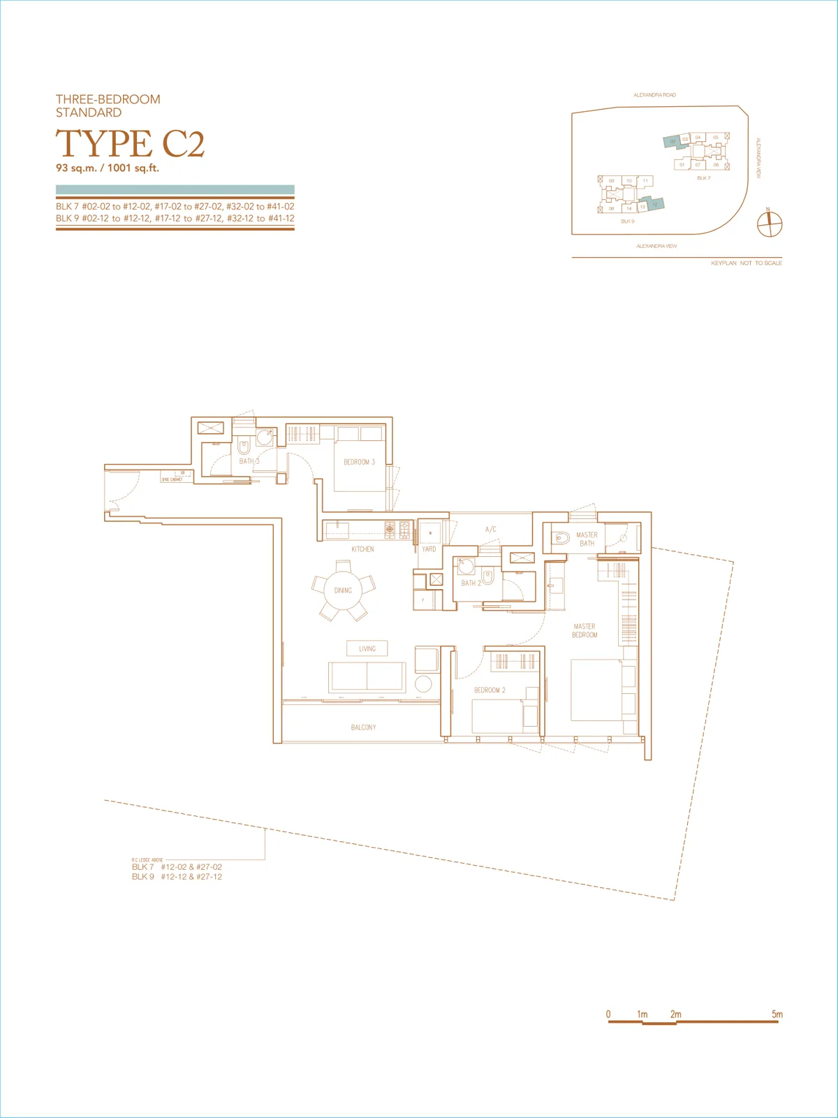 Echelon floor plan, type C2: 3-Bedroom Standard, 1,001 sq ft