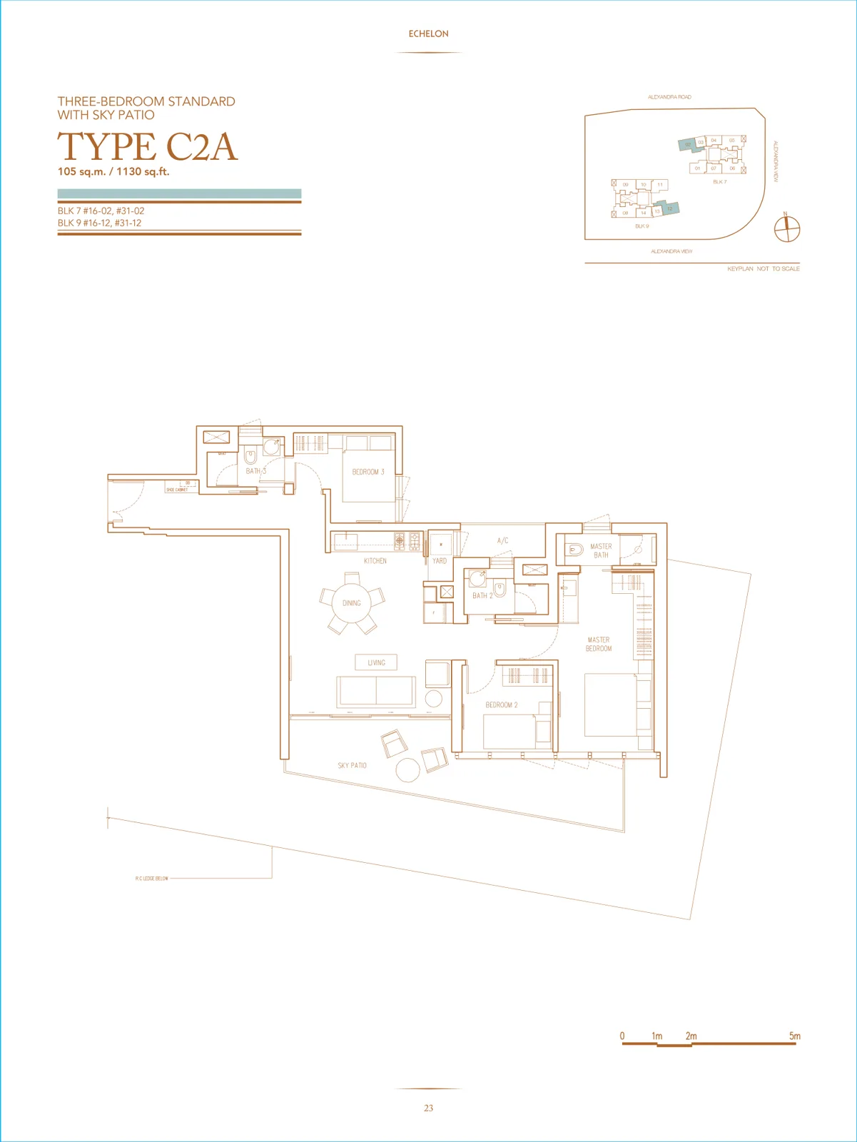 Echelon floor plan, type C2A: 3-Bedroom Standard, 1,130 sq ft