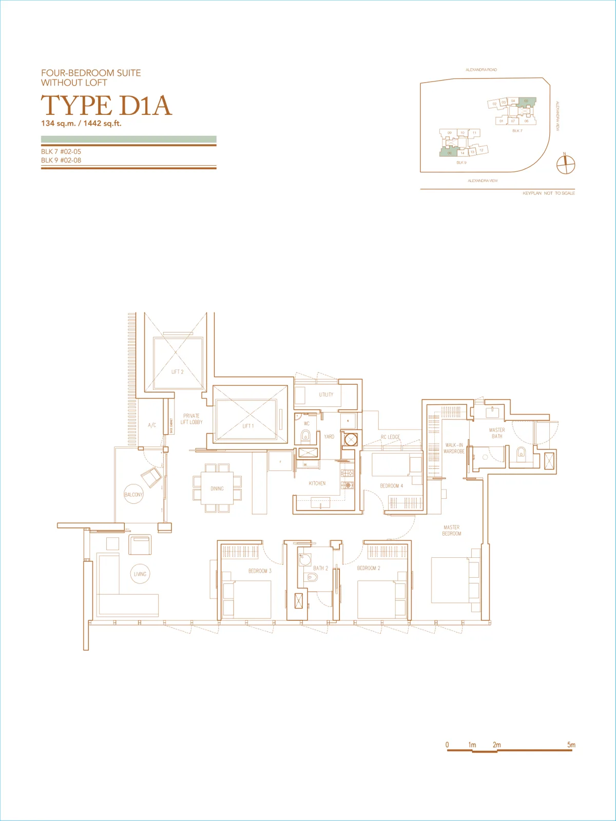 Echelon floor plan, type D1A: 4-Bedroom Suite, 1,442 sq ft