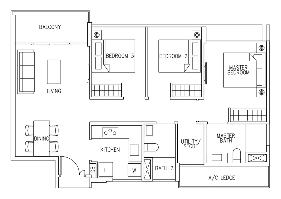 Ecopolitan floor plan, type C1: 3 Bedroom (Types C1 to C5), 893 sq ft