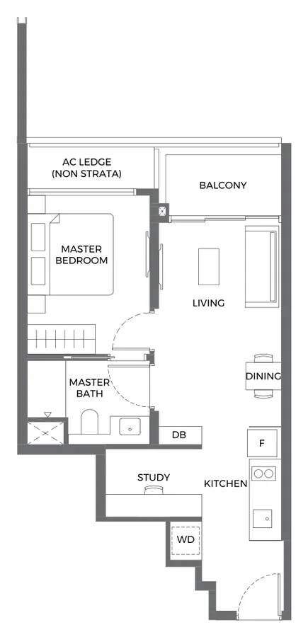 ELTA floor plan, type A1s: 1-Bedroom + Study, 506 sq ft