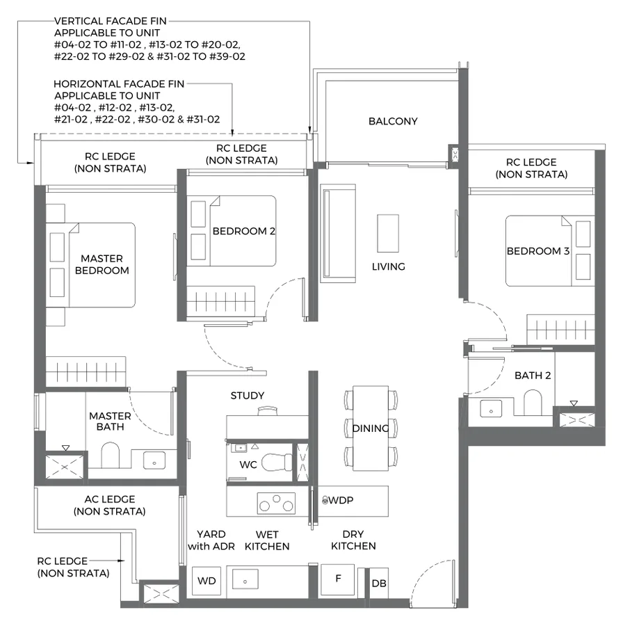 ELTA floor plan, type C2p: 3-Bedroom Premium, 1,023 sq ft