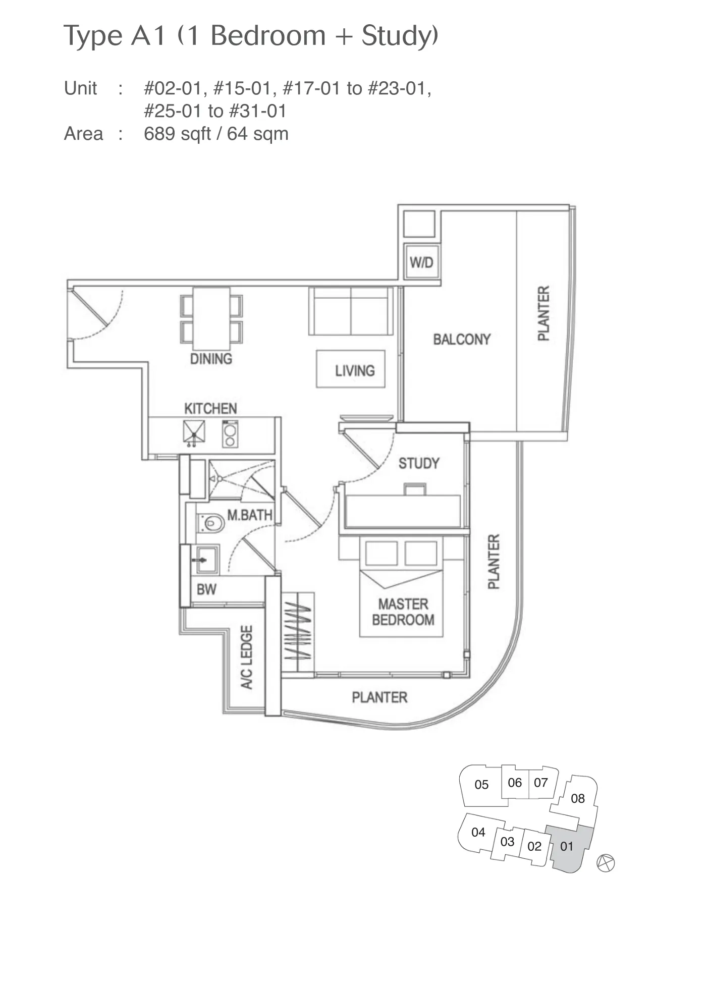 Espada floor plan, type A1: 1-Bedroom + Study, 689 sq ft