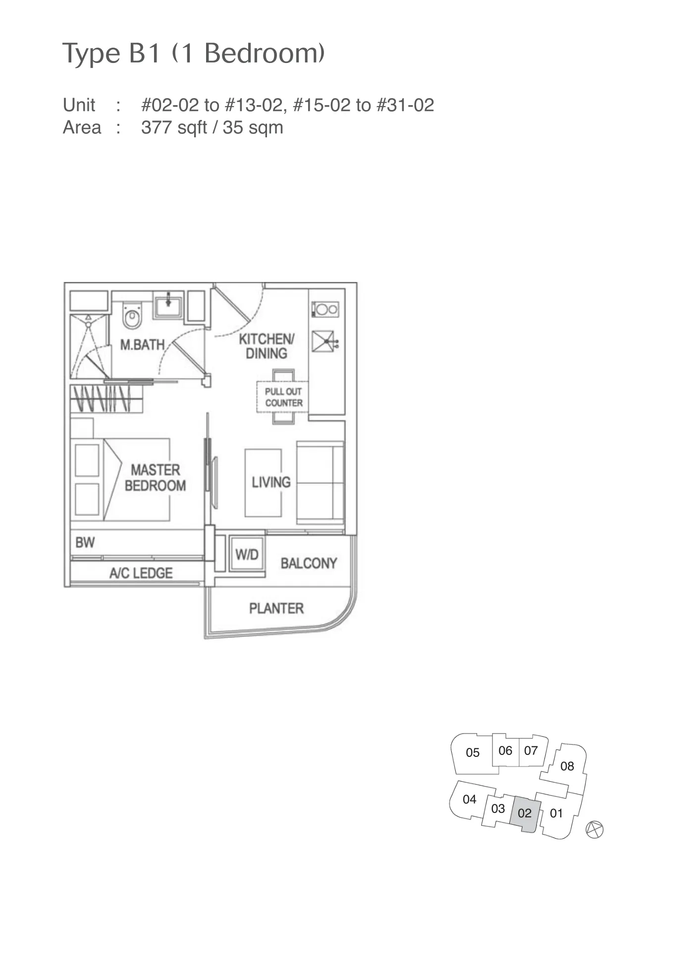Espada floor plan, type B1: 1-Bedroom, 377 sq ft