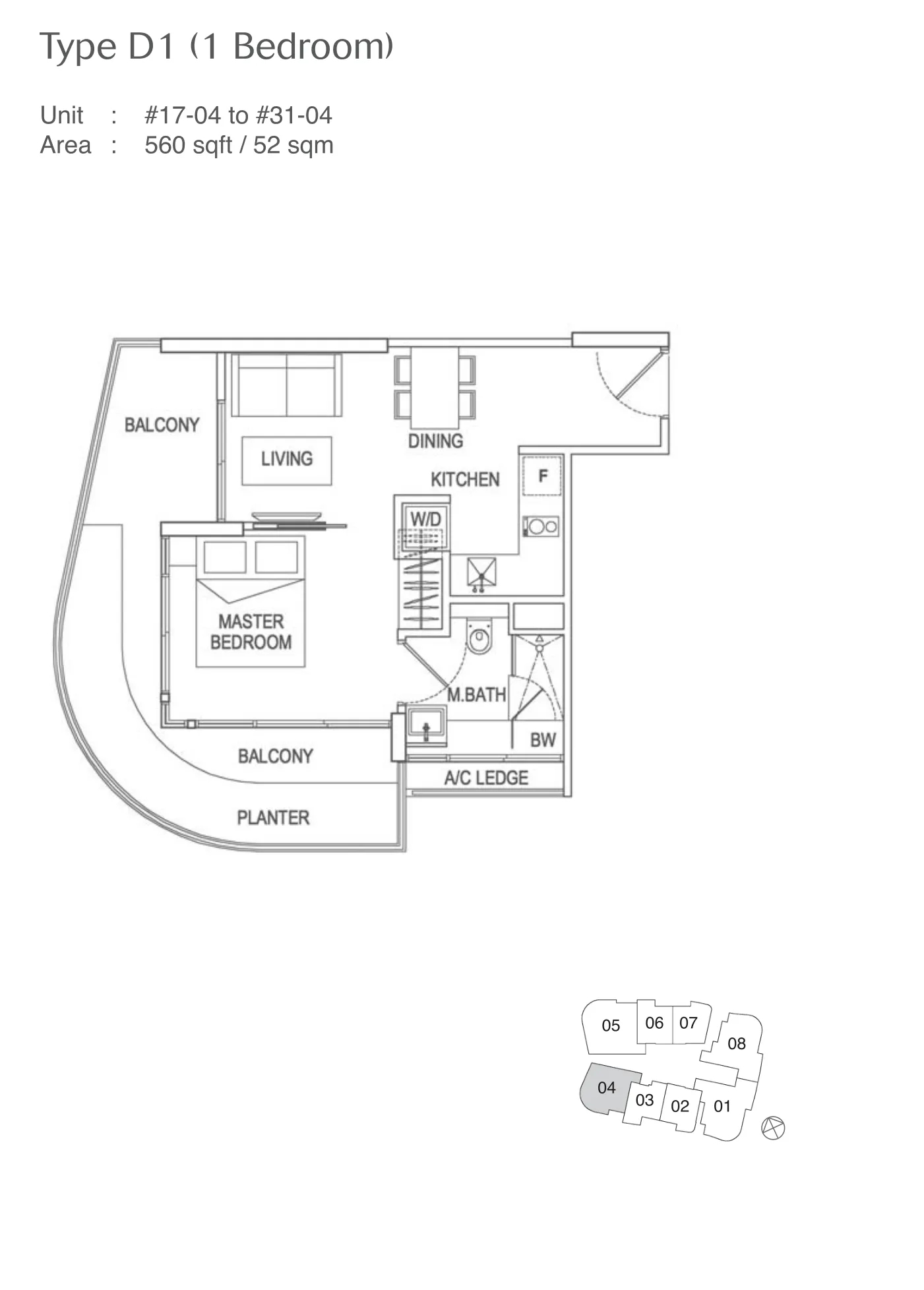Espada floor plan, type D1: 1-Bedroom, 560 sq ft