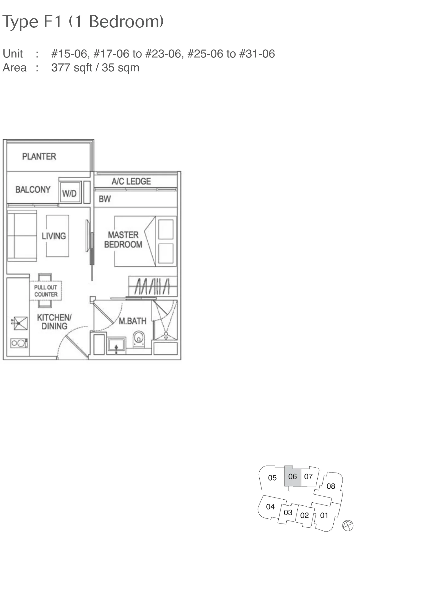 Espada floor plan, type F1: 1-Bedroom, 377 sq ft