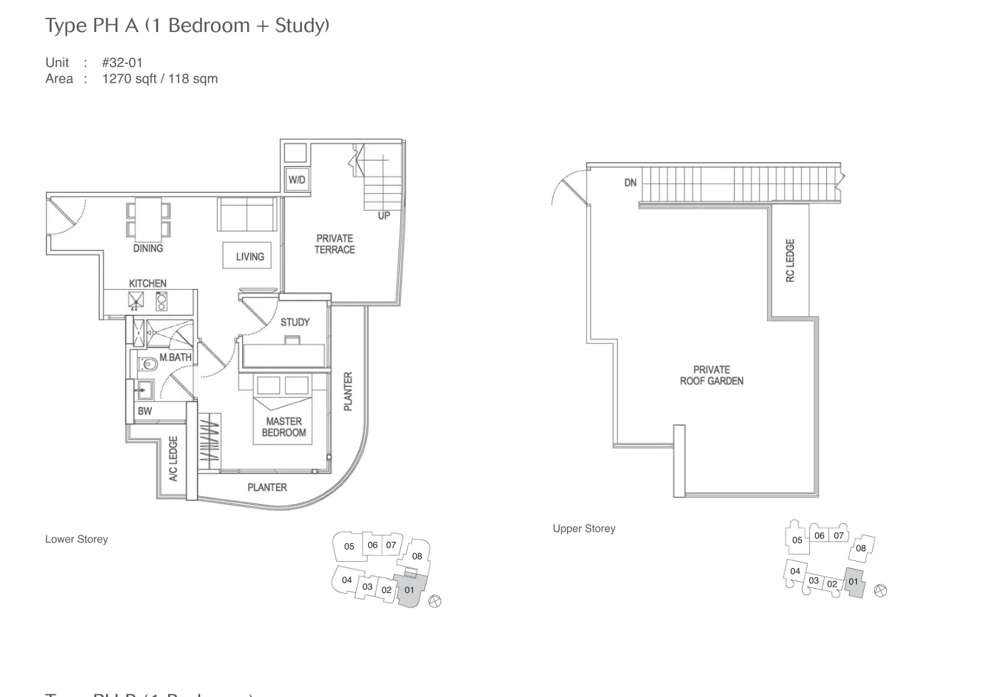 Espada floor plan, type PHA: Penthouse (with roof garden), 1,270 sq ft
