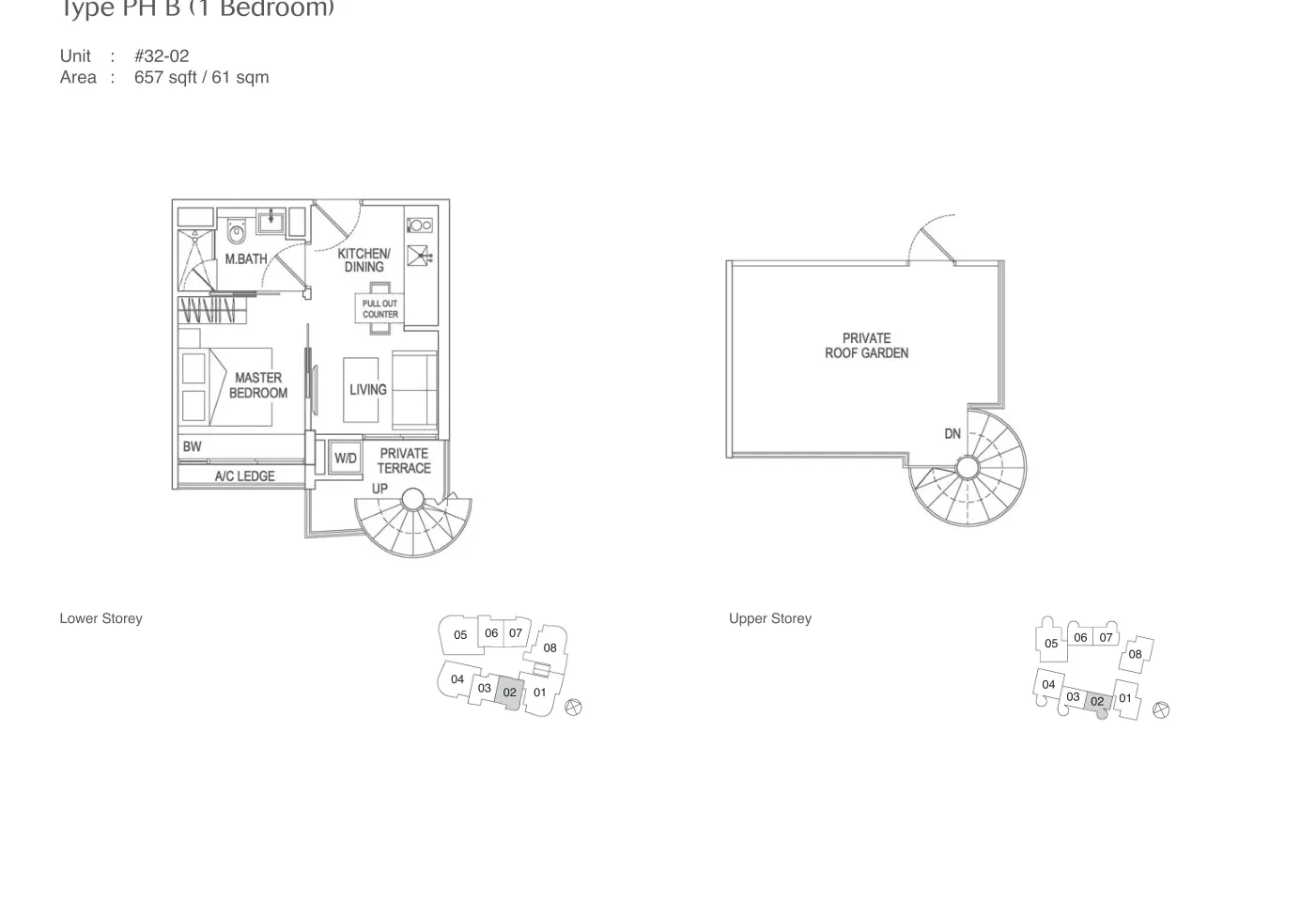 Espada floor plan, type PHB: Penthouse (with roof garden), 657 sq ft