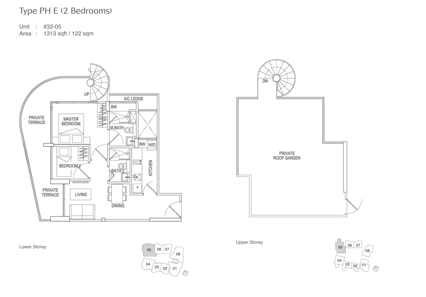 Espada floor plan, type PHE: Penthouse (with roof garden), 1,313 sq ft