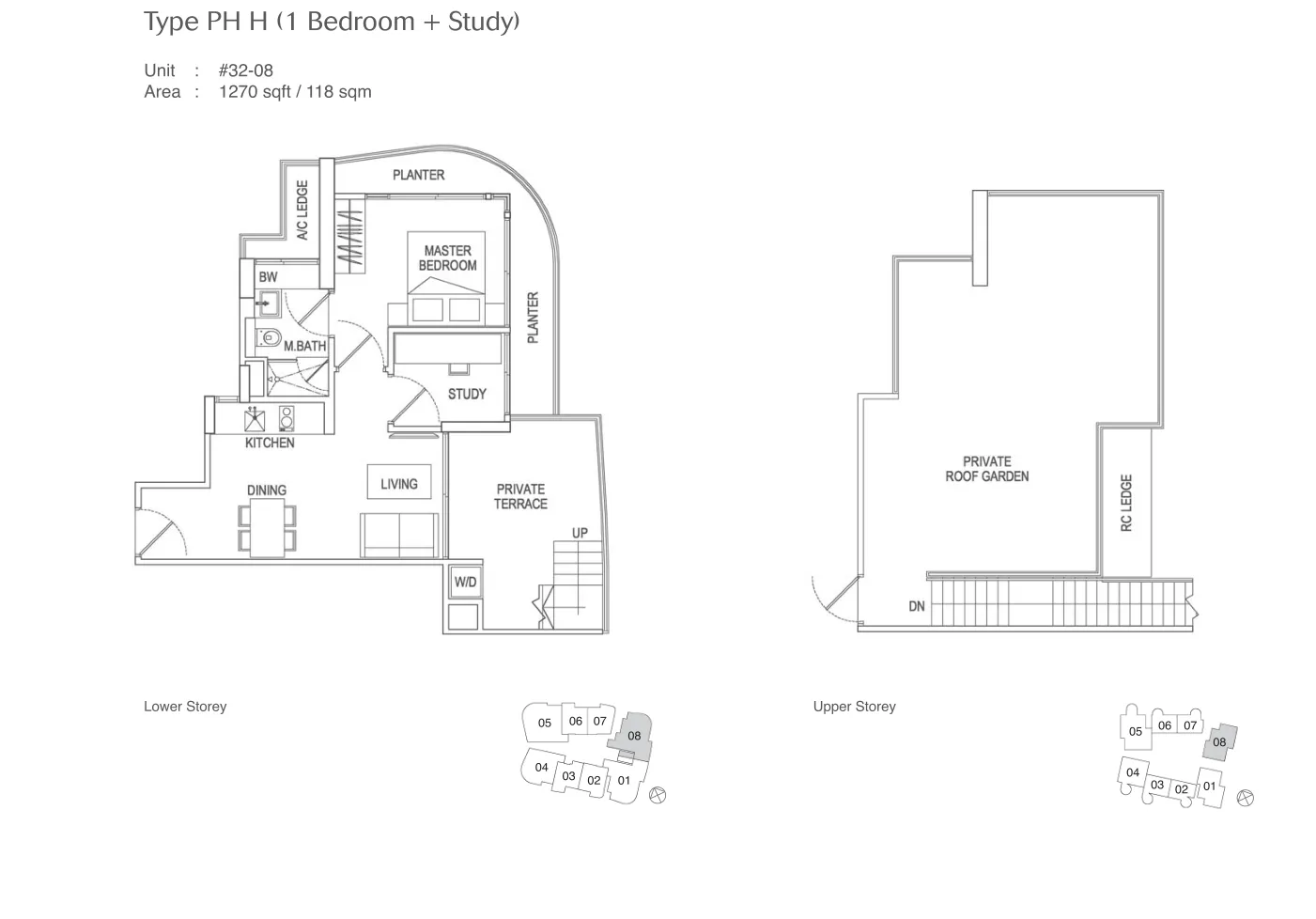 Espada floor plan, type PHH: Penthouse (with roof garden), 1,270 sq ft