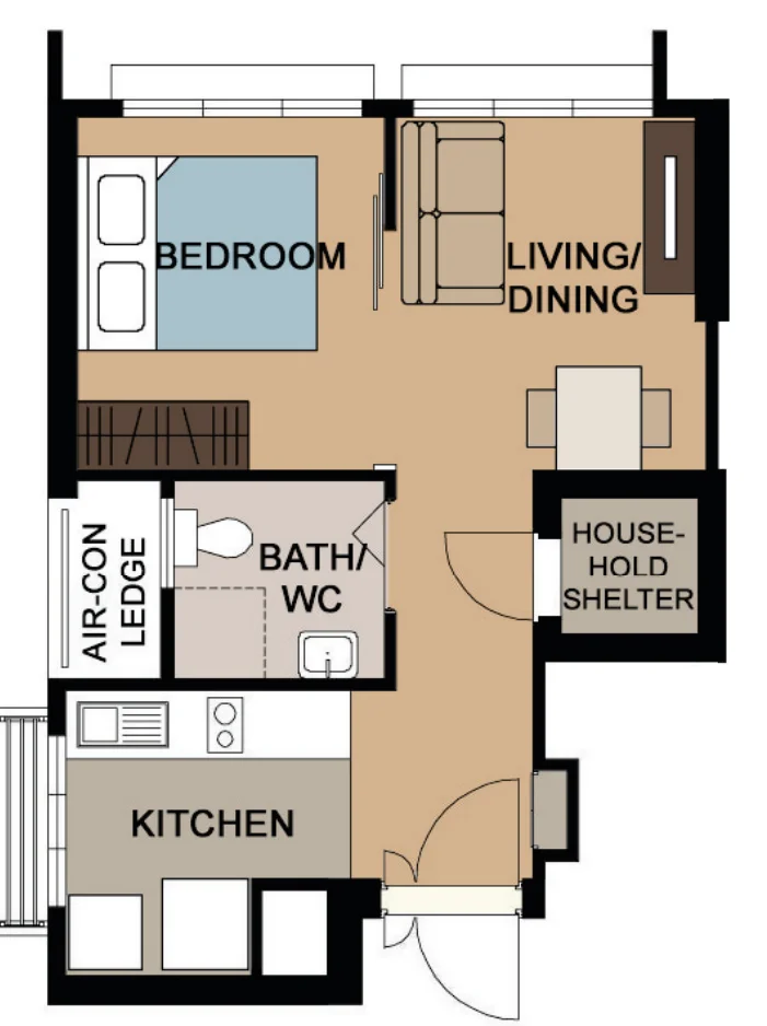 Eunos Court floor plan, type 2F1: 2-room Flexi, 38 sqm, 409 sq ft
