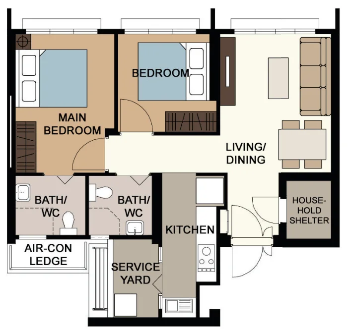 Eunos Court floor plan, type 3R: 3-room, 68 sqm, 732 sq ft