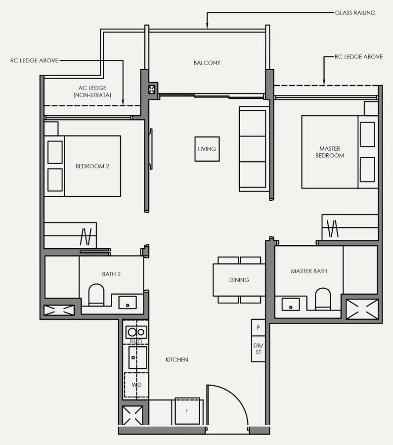 Faber Residence floor plan, type B2: 2-Bedroom, 646 sq ft