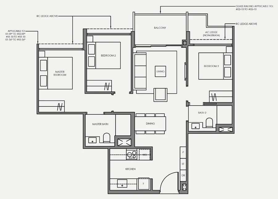 Faber Residence floor plan, type C2: 3-Bedroom (Basic), 797 sq ft