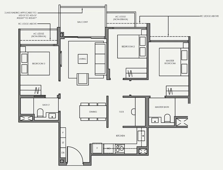 Faber Residence floor plan, type C5: 3-Bedroom (Standard), 861 sq ft