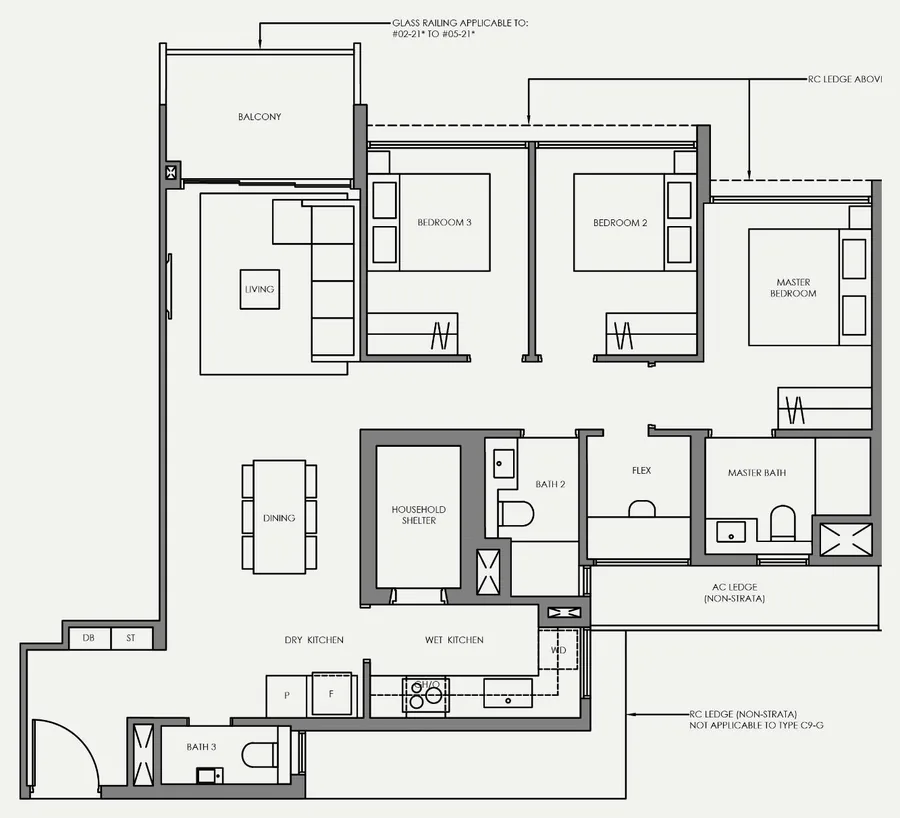 Faber Residence floor plan, type C9: 3-Bedroom (Plus), 1,033 sq ft