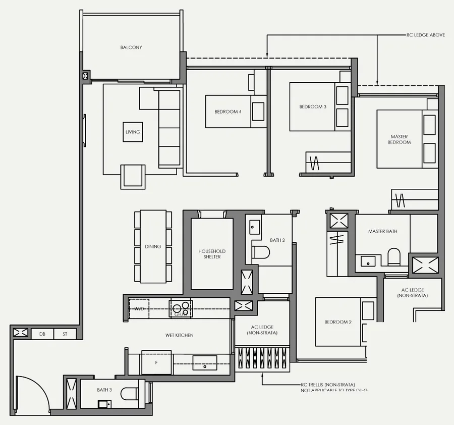 Faber Residence floor plan, type D1: 4-Bedroom (Basic), 1,119 sq ft