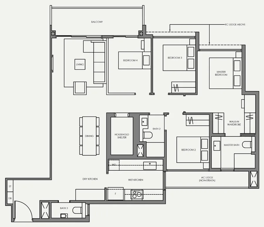 Faber Residence floor plan, type D7: 4-Bedroom (Standard), 1,270 sq ft