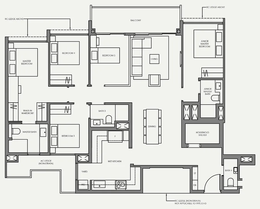 Faber Residence floor plan, type E1: 5-Bedroom (Standard), 1,485 sq ft