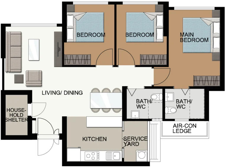 Fernvale Acres floor plan, type 4R: 4-room, 93 sqm, 1,001 sq ft