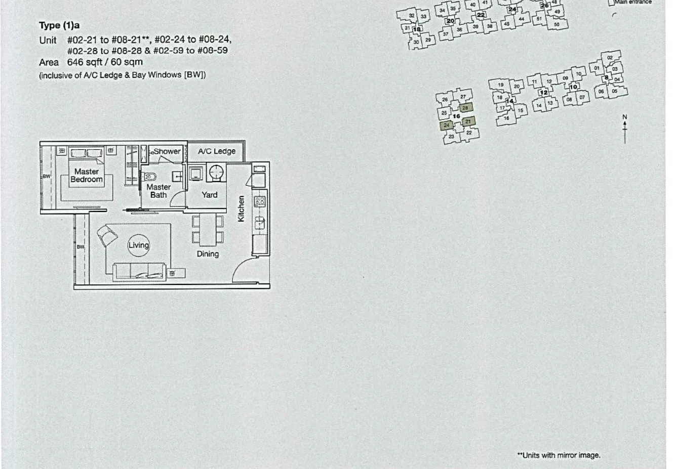 Ferraria Park Condo floor plan, type (1)a: 1-Bedroom, 646 sq ft