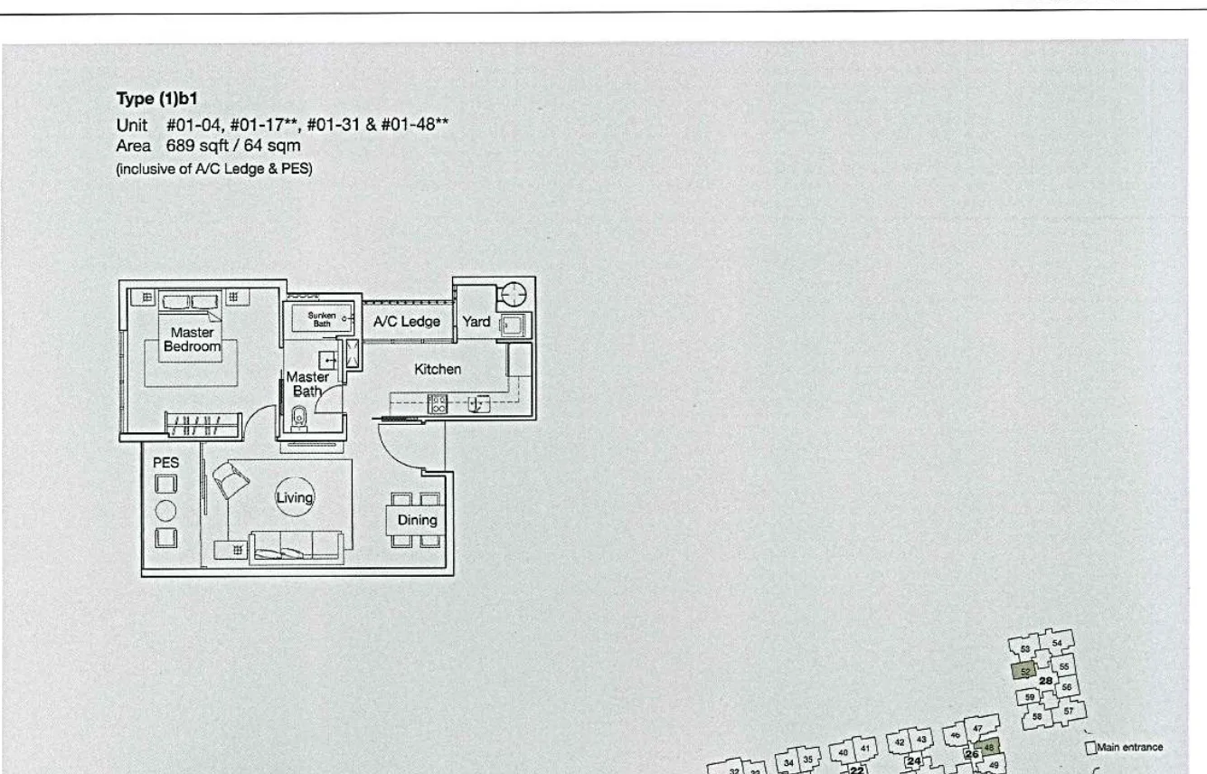 Ferraria Park Condo floor plan, type (1)b1: 1-Bedroom, 689 sq ft