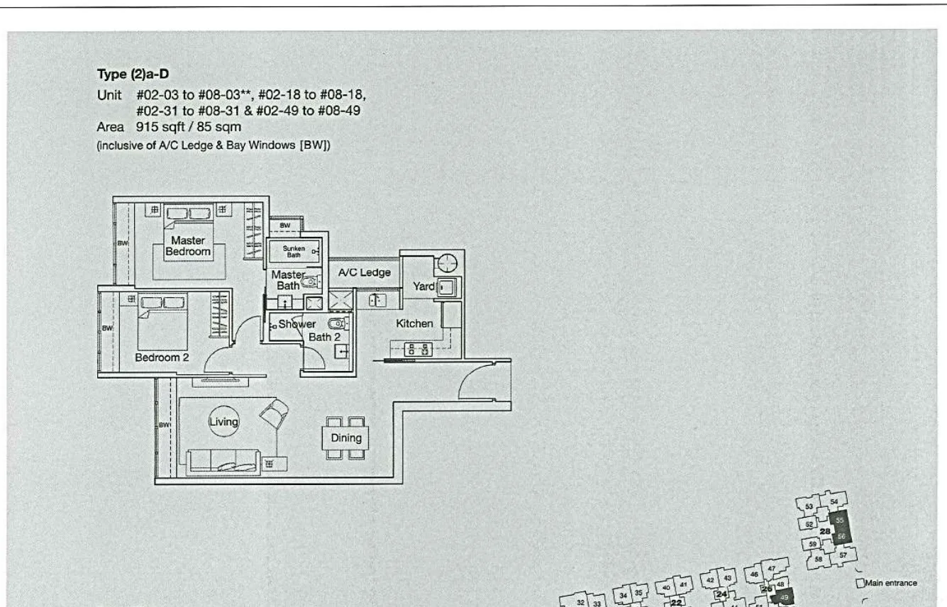 Ferraria Park Condo floor plan, type (2)a-D: 2-Bedroom, 915 sq ft