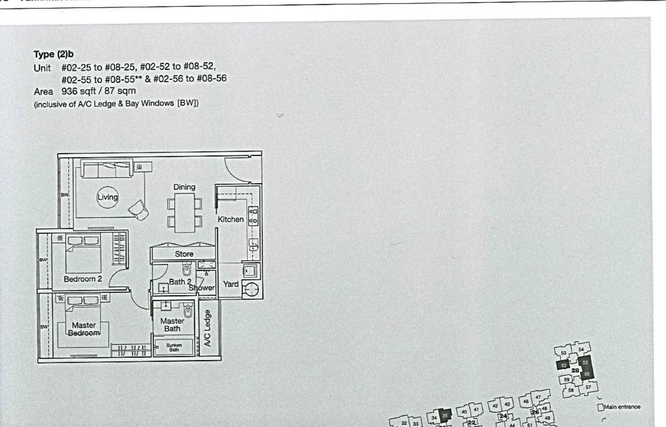 Ferraria Park Condo floor plan, type (2)b: 2-Bedroom, 936 sq ft
