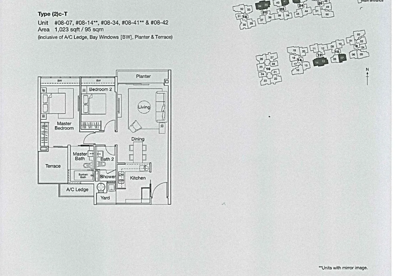 Ferraria Park Condo floor plan, type (2)c-T: 2-Bedroom, 1,023 sq ft