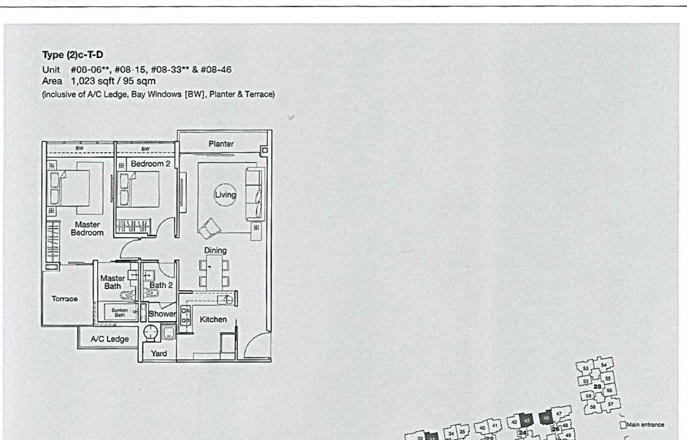 Ferraria Park Condo floor plan, type (2)c-T-D: 2-Bedroom, 1,023 sq ft