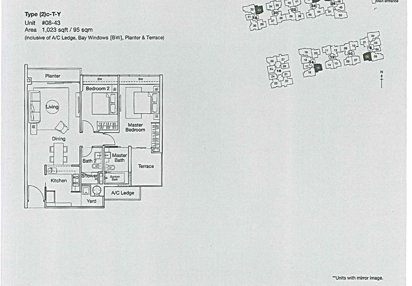 Ferraria Park Condo floor plan, type (2)c-T-Y: 2-Bedroom, 1,023 sq ft