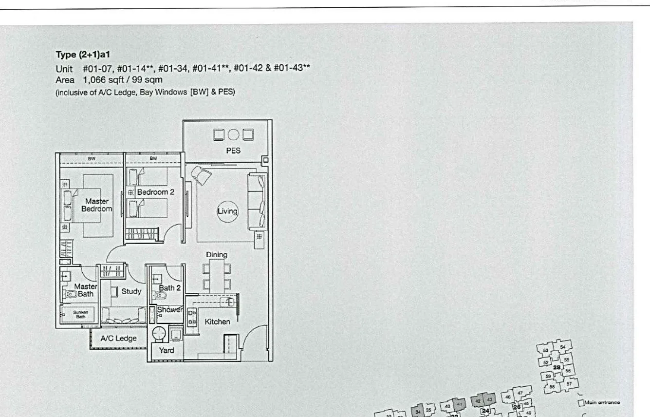 Ferraria Park Condo floor plan, type (2+1)a1: 2-Bedroom + Study, 1,066 sq ft