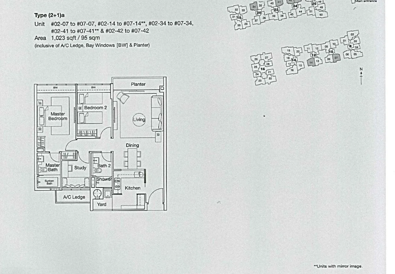 Ferraria Park Condo floor plan, type (2+1)a: 2-Bedroom + Study, 1,023 sq ft