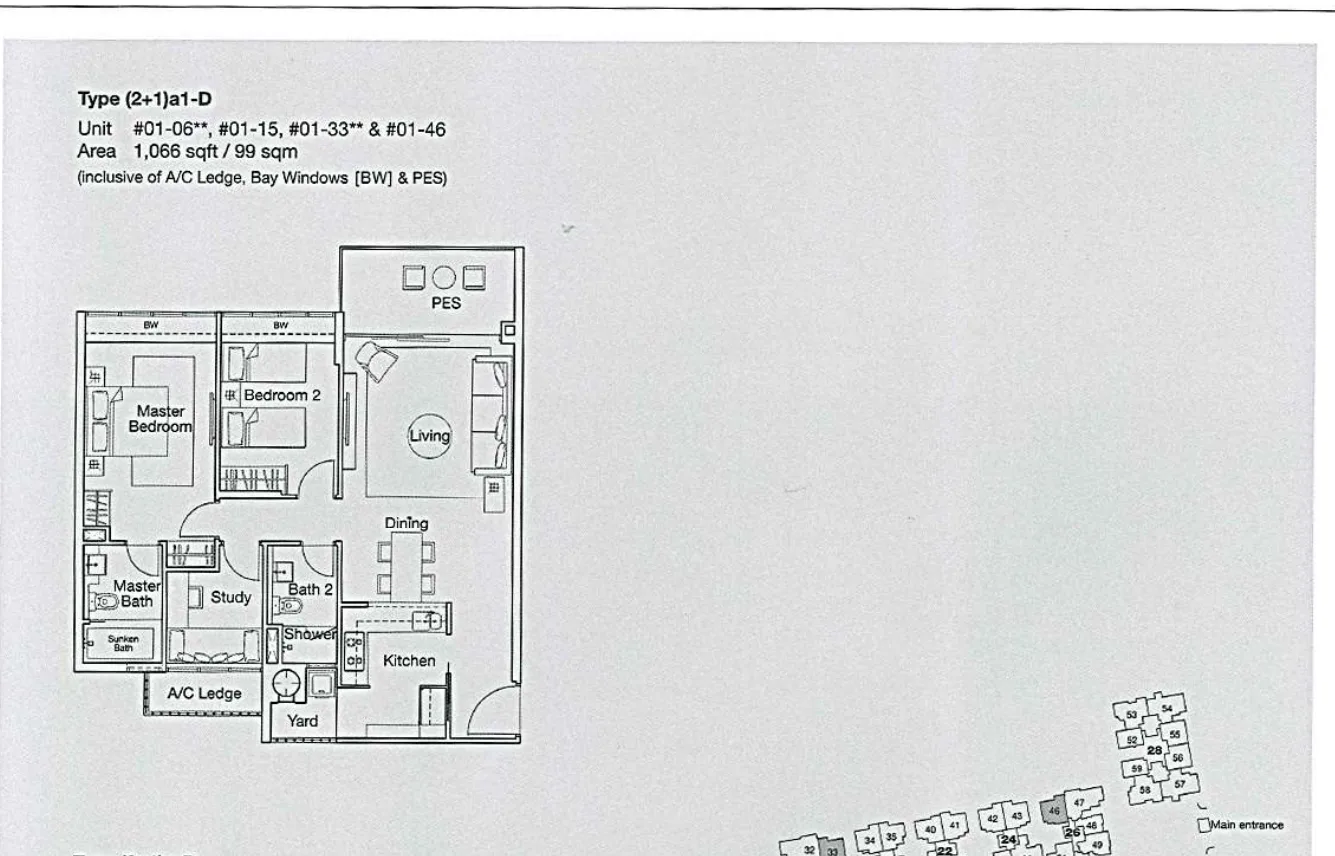 Ferraria Park Condo floor plan, type (2+1)a1-D: 2-Bedroom + Study, 1,066 sq ft