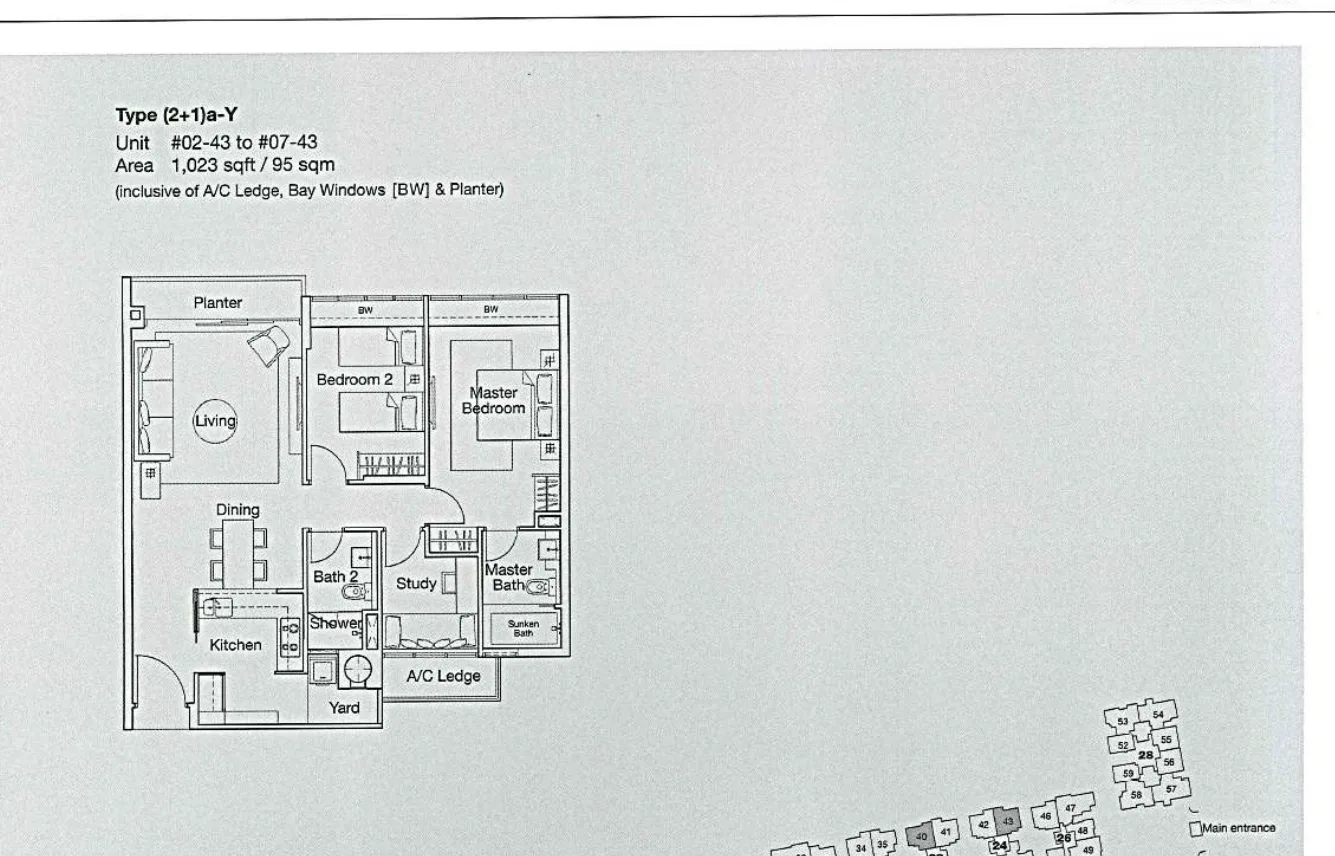 Ferraria Park Condo floor plan, type (2+1)a-Y: 2-Bedroom + Study, 1,023 sq ft