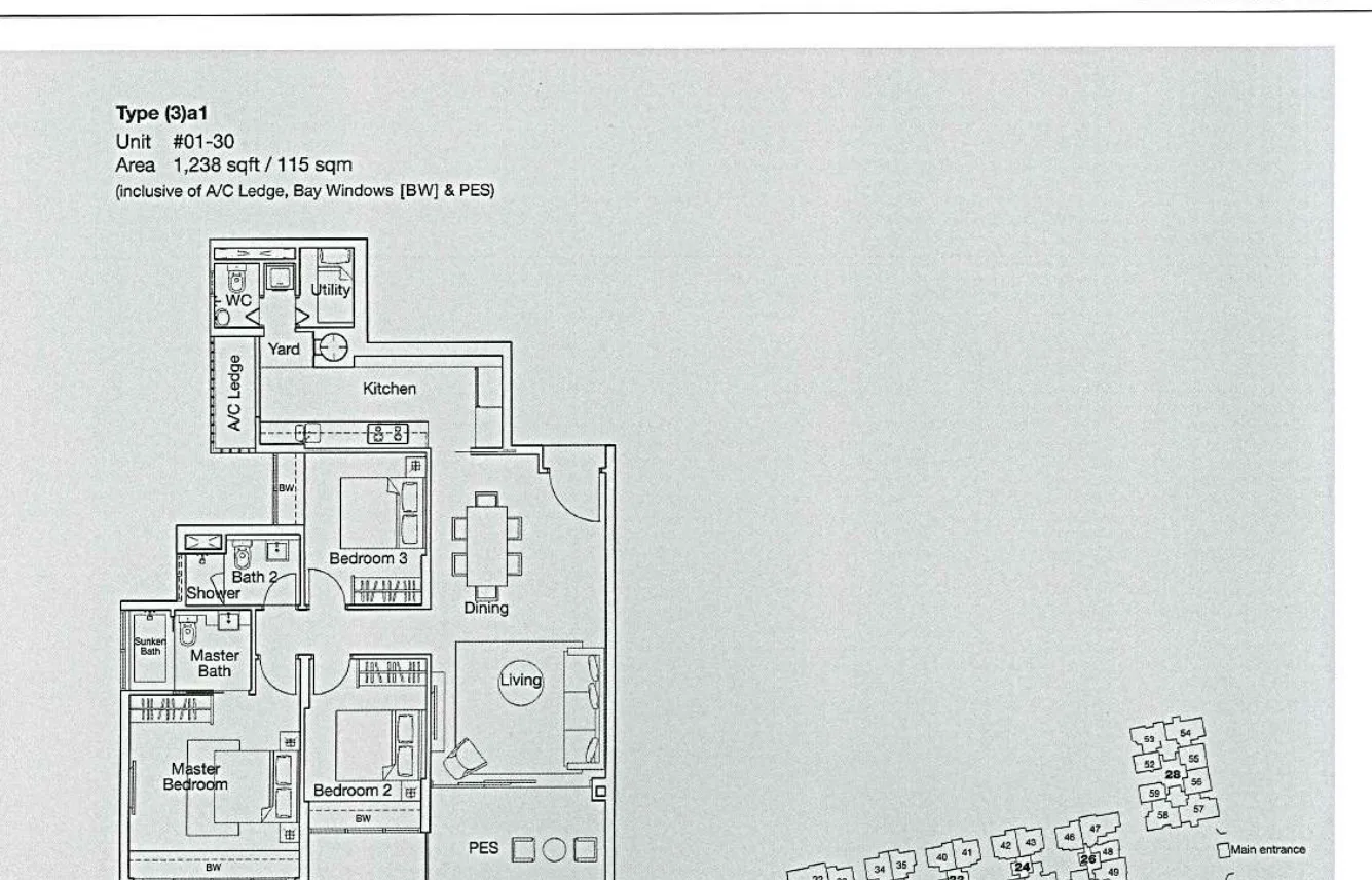 Ferraria Park Condo floor plan, type (3)a1: 3-Bedroom, 1,238 sq ft