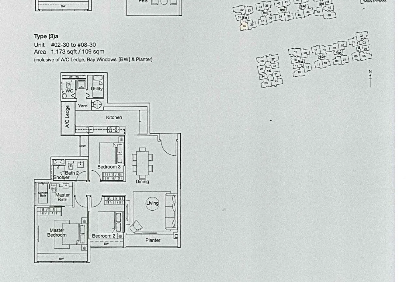 Ferraria Park Condo floor plan, type (3)a: 3-Bedroom, 1,173 sq ft