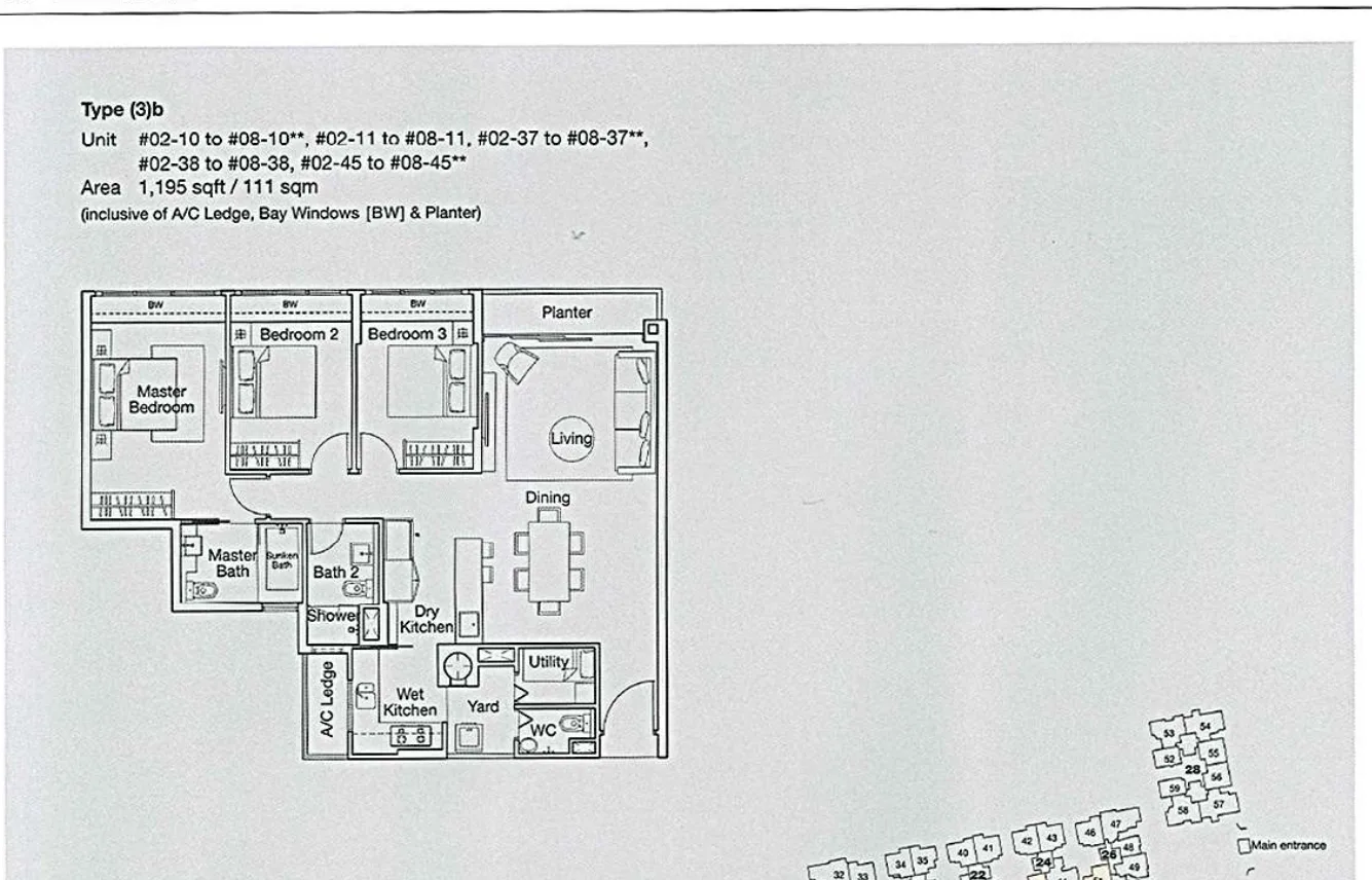 Ferraria Park Condo floor plan, type (3)b: 3-Bedroom, 1,195 sq ft