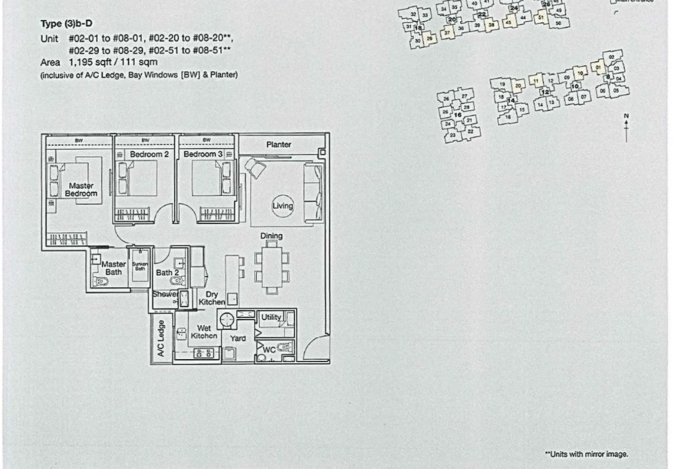 Ferraria Park Condo floor plan, type (3)b-D: 3-Bedroom, 1,195 sq ft