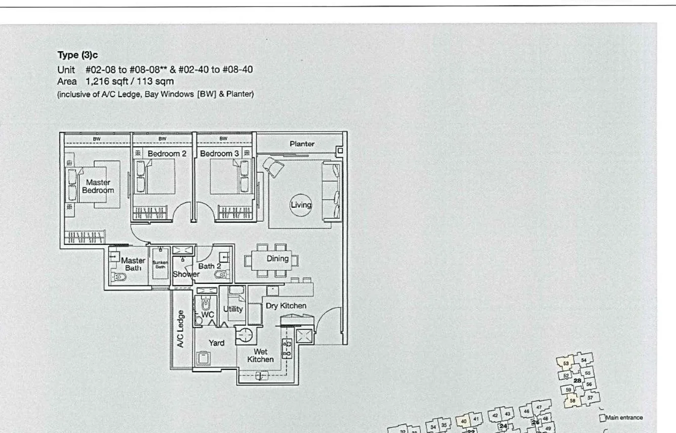 Ferraria Park Condo floor plan, type (3)c: 3-Bedroom, 1,216 sq ft