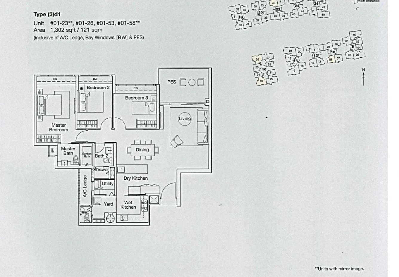 Ferraria Park Condo floor plan, type (3)d1: 3-Bedroom, 1,302 sq ft