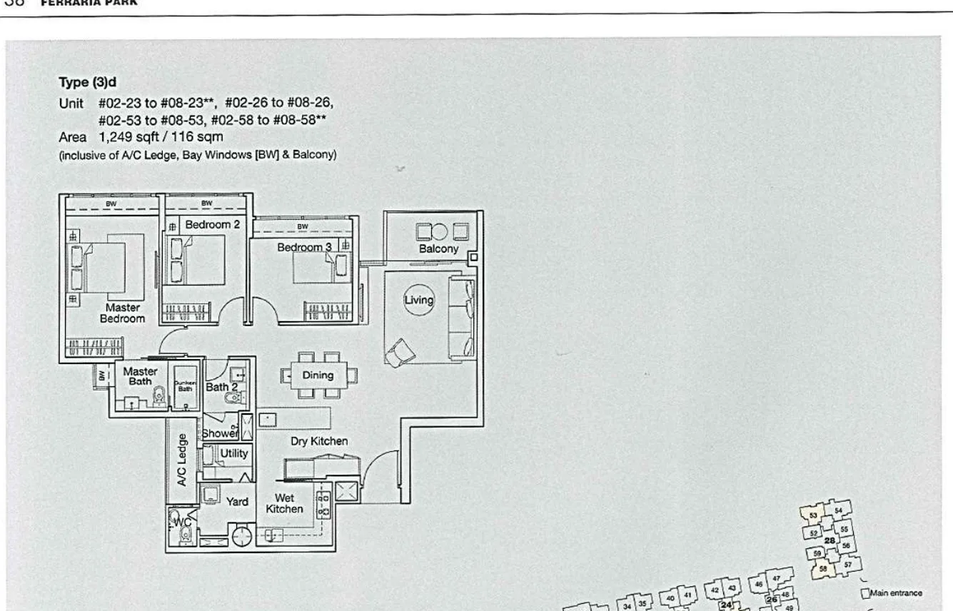 Ferraria Park Condo floor plan, type (3)d: 3-Bedroom, 1,249 sq ft