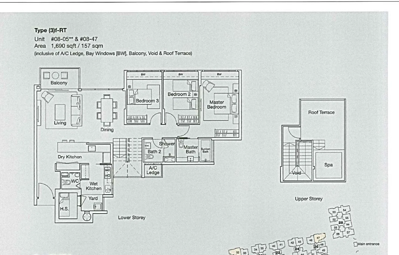 Ferraria Park Condo floor plan, type (3)f-RT: 3-Bedroom, 1,690 sq ft