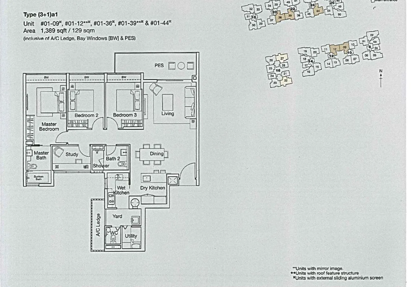 Ferraria Park Condo floor plan, type (3+1)a1: 3-Bedroom + Study, 1,389 sq ft