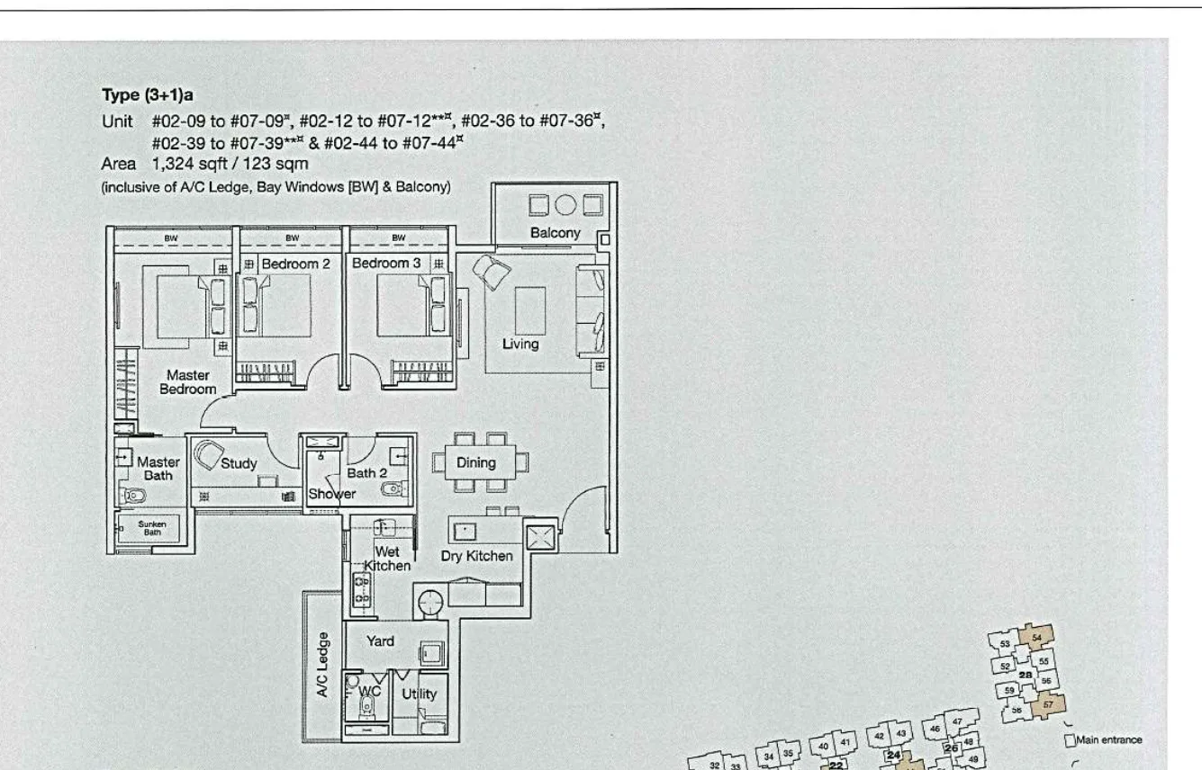 Ferraria Park Condo floor plan, type (3+1)a: 3-Bedroom + Study, 1,324 sq ft