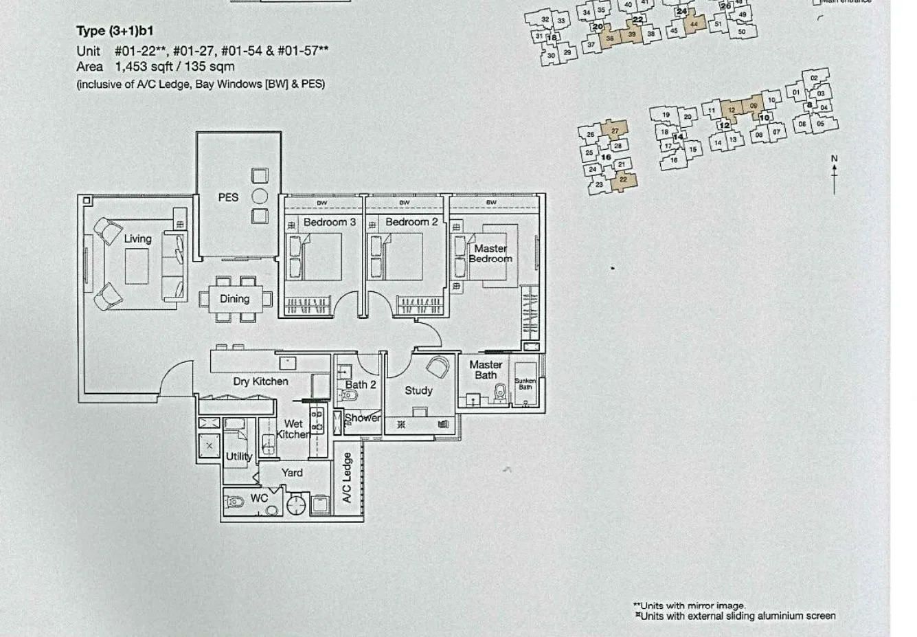 Ferraria Park Condo floor plan, type (3+1)b1: 3-Bedroom + Study, 1,453 sq ft