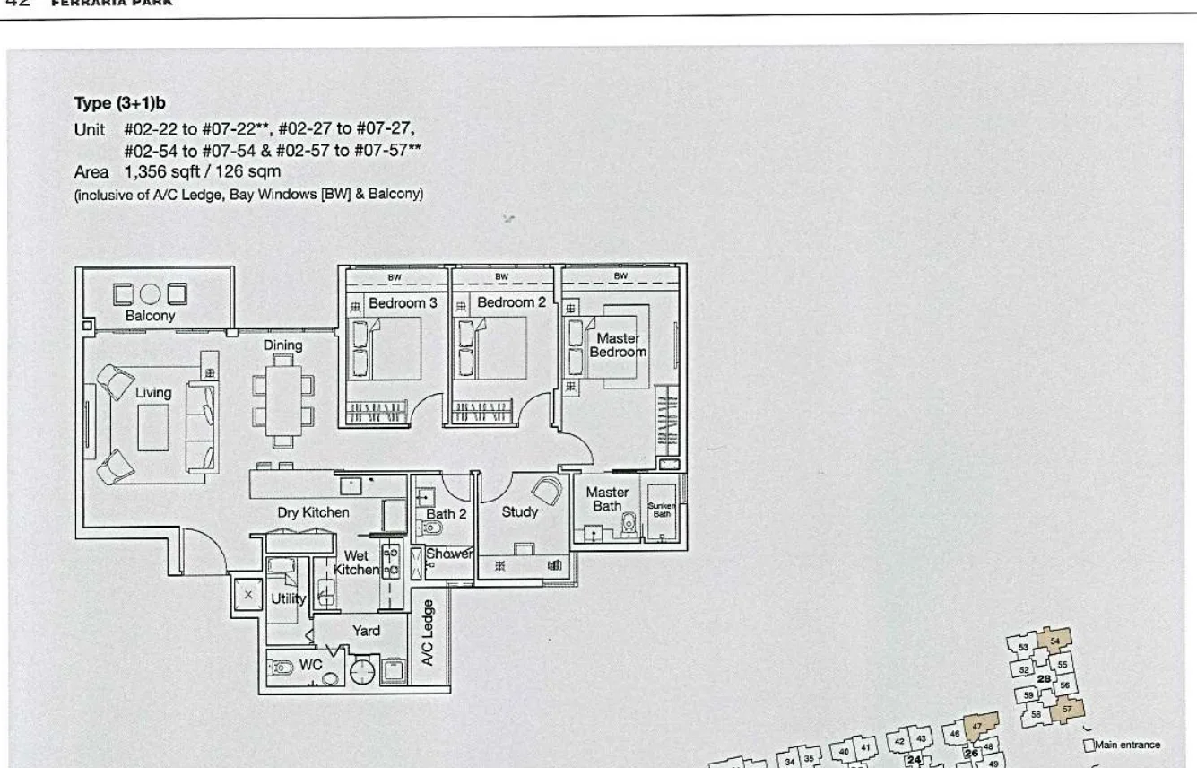 Ferraria Park Condo floor plan, type (3+1)b: 3-Bedroom + Study, 1,356 sq ft