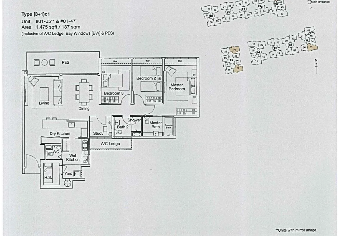 Ferraria Park Condo floor plan, type (3+1)c1: 3-Bedroom + Study, 1,475 sq ft